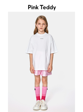 PinkTeddy童装女童白色T恤夏装logo印花儿童纯棉宽松圆领落肩上衣