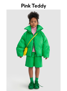 PinkTeddy童装儿童绿色羽绒服新款冬季保暖加厚女童高领外套