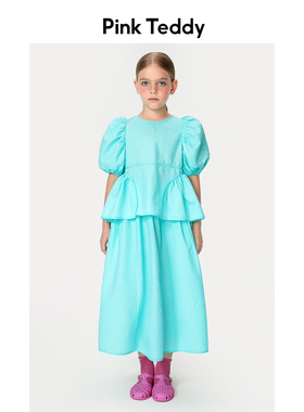 PinkTeddy童装儿童泡泡袖上衣24夏装半身长裙女童蓝色套装两件套