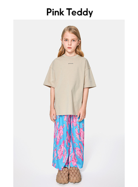 PinkTeddy童装女童短袖T恤印花logo微标圆领儿童纯棉卡其色上衣夏