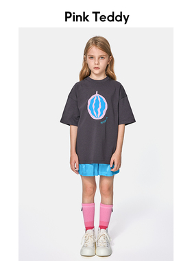 PinkTeddy童装女童短袖T恤夏装西瓜印花圆领落肩儿童黑色纯棉上衣