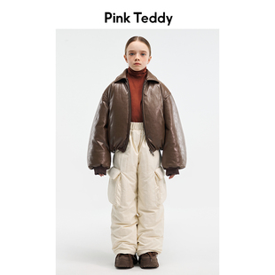 PinkTeddy女童羽绒服飞行员翻领羽绒皮衣夹克儿童装冬季保暖外套