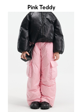 PinkTeddy童装粉色口袋工装羽绒裤冬新款儿童女童直筒保暖长裤子