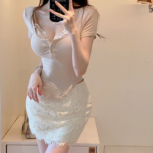 韩女 上衣蕾丝半裙套装 内衣外穿 三件套修身 夏 三角杯 Winema晓雪