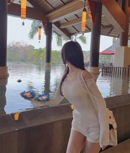 空调衫 白色内衣带胸垫吊带针织破漏风长袖 韩国防晒半透明套装 3.4