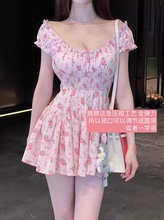 6.29 觉美版型 蔷薇/黑色 碎花颗粒花纹可以娃娃领一字肩连体裤裙