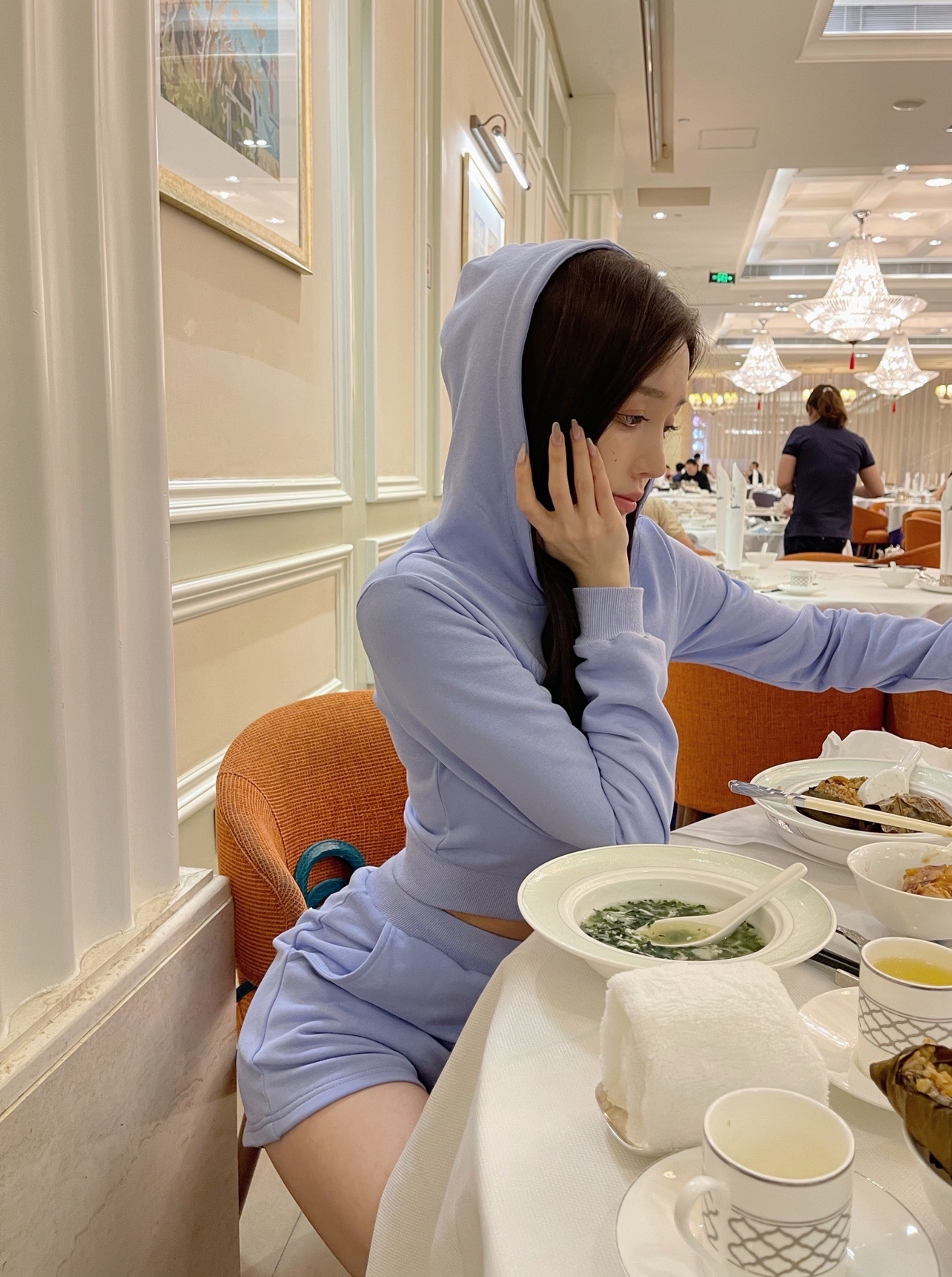 4.12 好萌 拉链也染蓝色 春夏拉链卫衣女ins潮连帽修身运动套装女