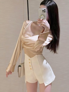 嗲嗲小众修身 8.23 裸金色 短袖 显瘦带胸垫气质韩国上衣 长袖