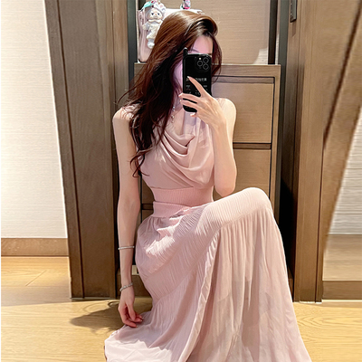 Winema晓雪 薰衣草 长裙温柔气质腰封显瘦褶皱无袖荡领连衣裙女夏