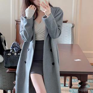 毛呢外套 韩国内搭双排扣高级感长款 Winema晓雪 灰色羊毛大衣
