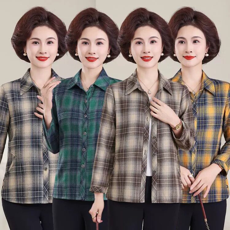 妈妈春秋装长袖纯棉衬衫中年妇女全棉衬衣中老年女装格子衫开衫