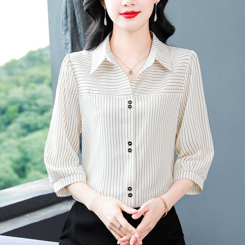 中年妈妈夏装翻领竖条纹七分袖衬衫女士套头中袖衬衣减龄真丝上衣