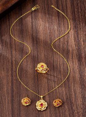 国潮玫瑰花耳钉项链戒指套装