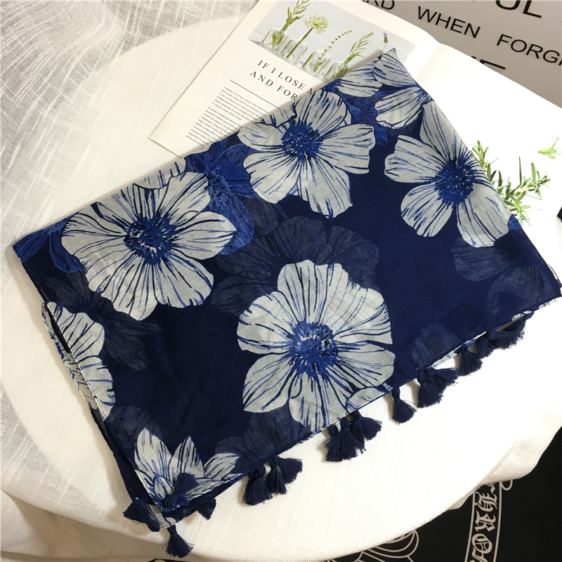 棉麻民族风藏青色大花朵图案围巾