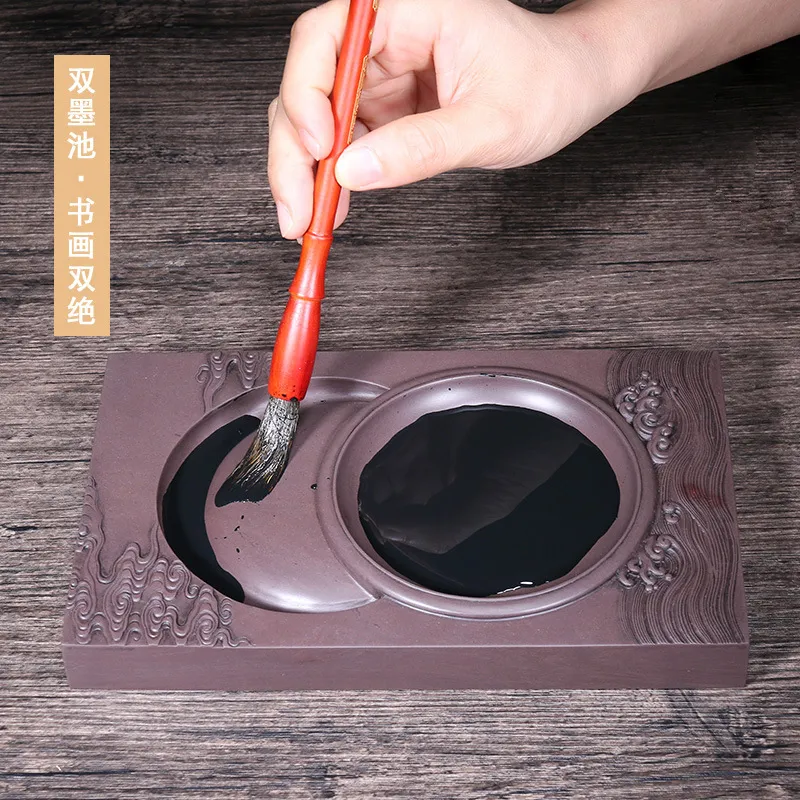 肇庆端砚大师雕刻日月同辉双池砚8寸多功能实用端砚收藏文房四宝