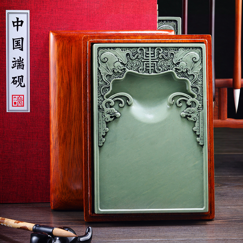 国家非物质文化遗产 肇庆天然原石绿端砚台《福寿双全》6寸8寸宋坑精品砚台 正品磨墨条墨锭文房四宝砚台