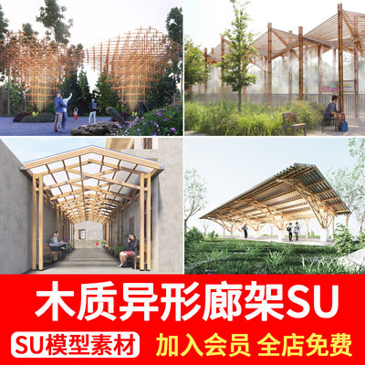 草图大师木质异形景观艺术廊架凉亭乡村公园广场休憩竹亭子SU模型