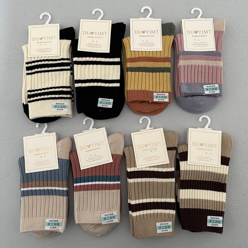 双针女袜纯棉中筒潮袜
