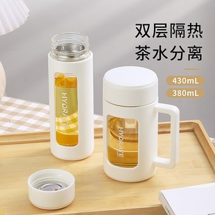 高硼硅玻璃杯水杯女生带把手双层便携隔热防摔家用办公室泡茶杯子
