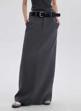 大码高级感灰色休闲西装半身裙女胖妹妹高腰mm显瘦直筒后开叉长裙