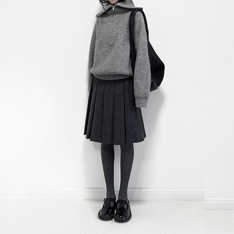 大码深灰色毛呢百褶裙