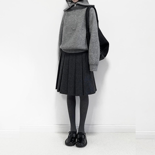 大码 深灰色毛呢百褶裙日系百搭设计感女胖妹妹显瘦mm高腰复古中裙