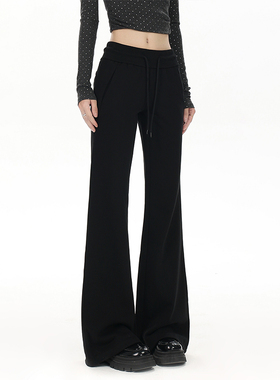 美式黑色微喇卫裤2025秋季新款显瘦大码胖mm辣妹低腰运动喇叭长裤