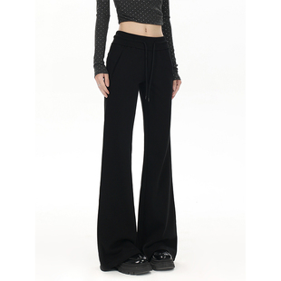 黑色微喇卫裤 胖mm辣妹低腰运动喇叭长裤 2025秋季 显瘦大码 新款 美式