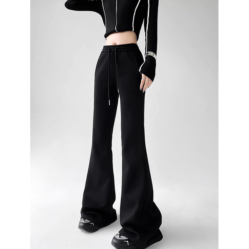 大码美式复古微喇休闲裤女胖妹妹高腰显瘦mm宽松阔腿抽绳运动卫裤