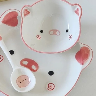 高颜值手柄套装 饭碗碗碟盘卡通可爱猪泡面碗家用盘子新款 餐具陶瓷