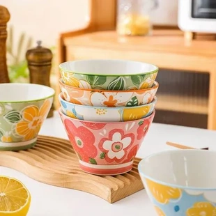 餐具陶瓷甜品家用斗笠 防烫饭碗高脚花漾沙拉儿童碗高颜值小碗日式