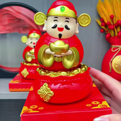 新年红品爆款光能自动摇摆财神爷