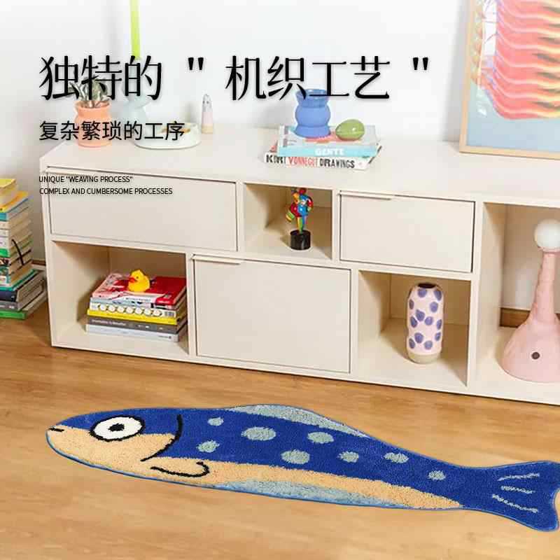 蓝色海鱼植绒簇绒地毯儿童房卧室床边毯客厅地毯浴室吸水地垫脚