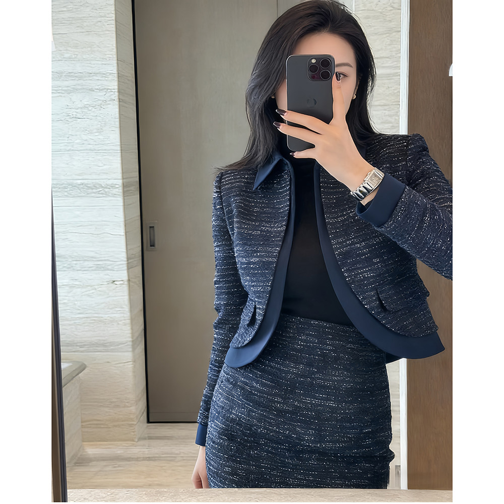 2025冬季新款通勤暮蓝色翻领短款外套半身裙两件西装套装小香风女,女装/女士精品,时尚套装,淘宝优惠券,粉丝福利购,淘宝优惠卷