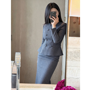 高级感2026春款季新款气质复古修身双排扣西装半身裙两件套装女