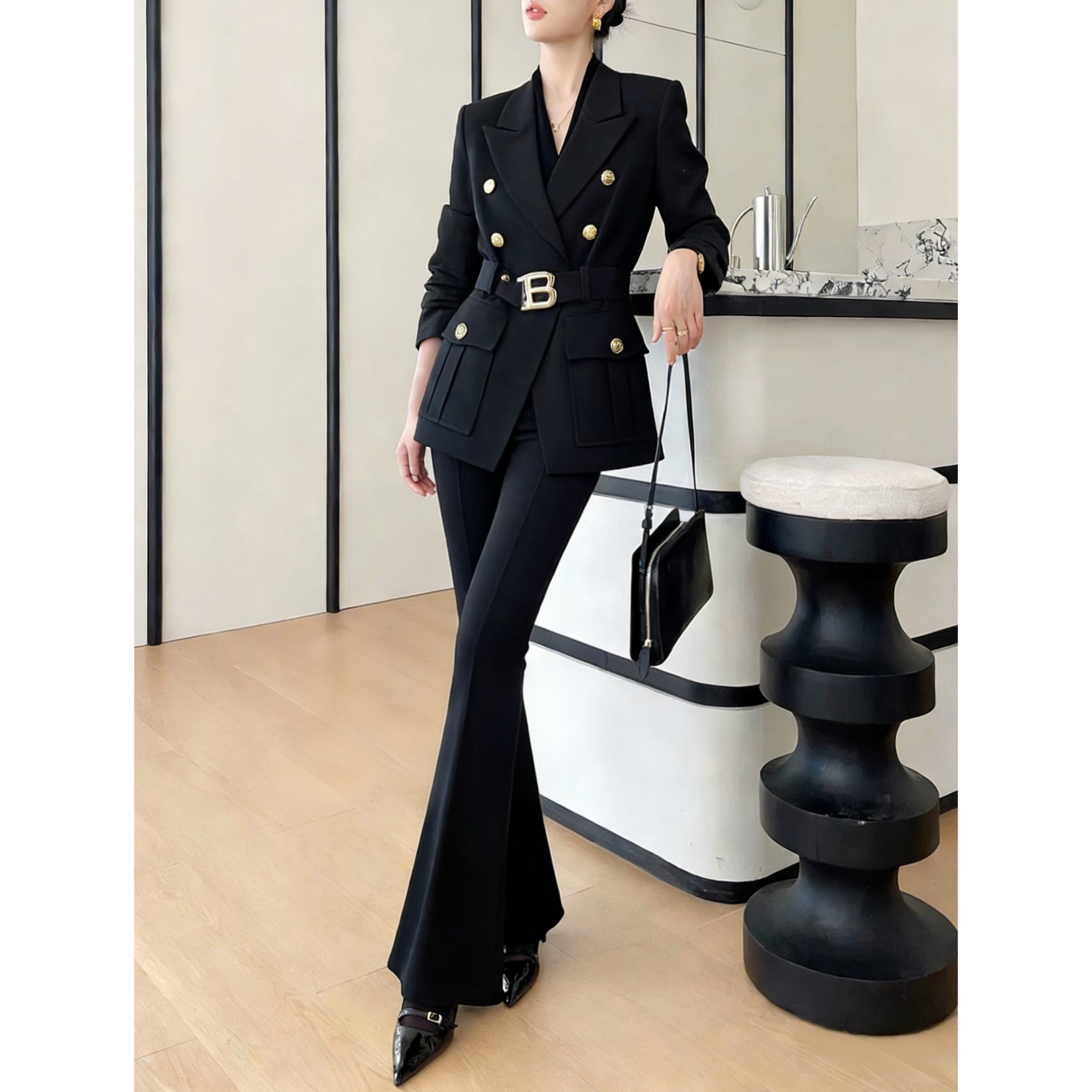 高端职业气质西装套装女2025秋冬新款韩版显瘦高腰微喇裤两件套潮,女装/女士精品,时尚套装,淘宝优惠券,粉丝福利购,淘宝优惠卷