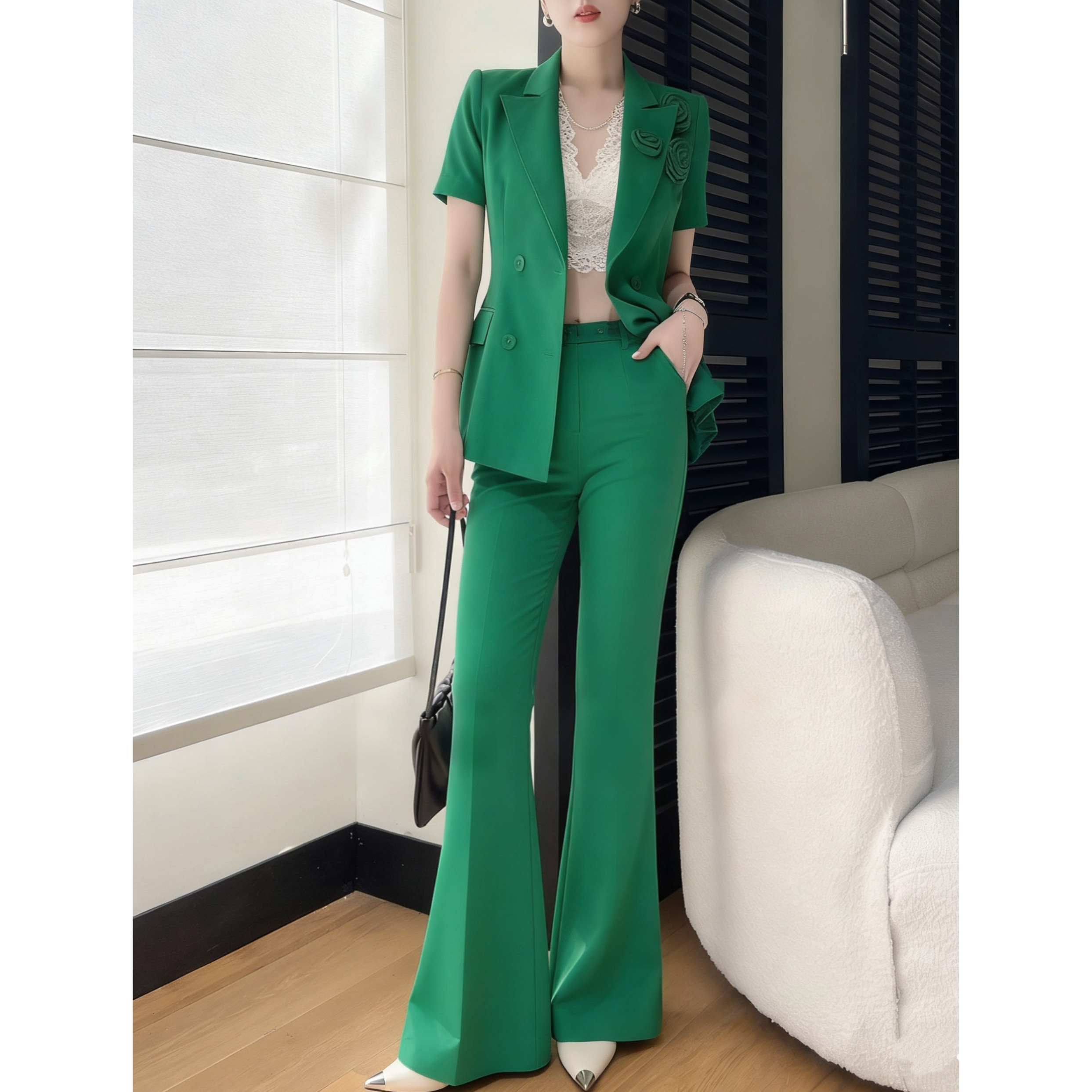 欧洲站2026夏季短袖西装套装女设计感时尚洋气时髦喇叭裤欧货潮,女装/女士精品,时尚套装,淘宝优惠券,粉丝福利购,淘宝优惠卷