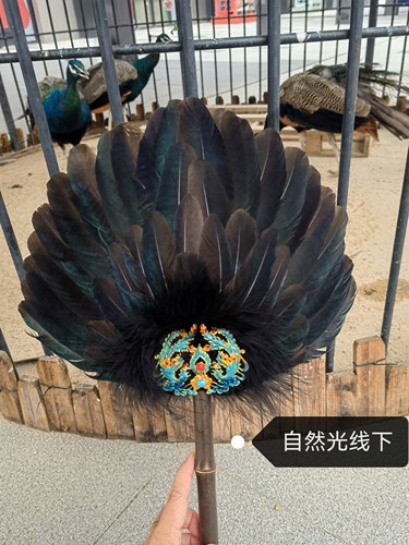 诸葛亮羽毛扇子真孔雀翅膀滴油珐琅彩稀有羽新中式款手工艺紫竹柄