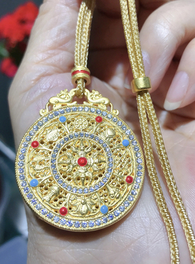 足银999纯银镀黄金珐琅彩镶钻八宝罗盘吊坠时尚国风首饰送女友