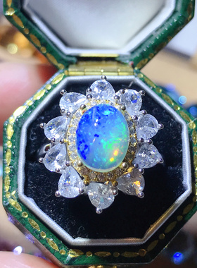 天然欧泊戒指女925银双色电镀大钻豪华镶嵌轻奢日韩活口可调节