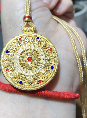 足银999纯银镀黄金珐琅彩八宝罗盘绳吊坠时尚国风首饰送女友