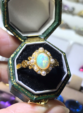 天然水晶欧泊戒指女925银镀18k黄金镶嵌轻奢日韩珍珠款活口可调节