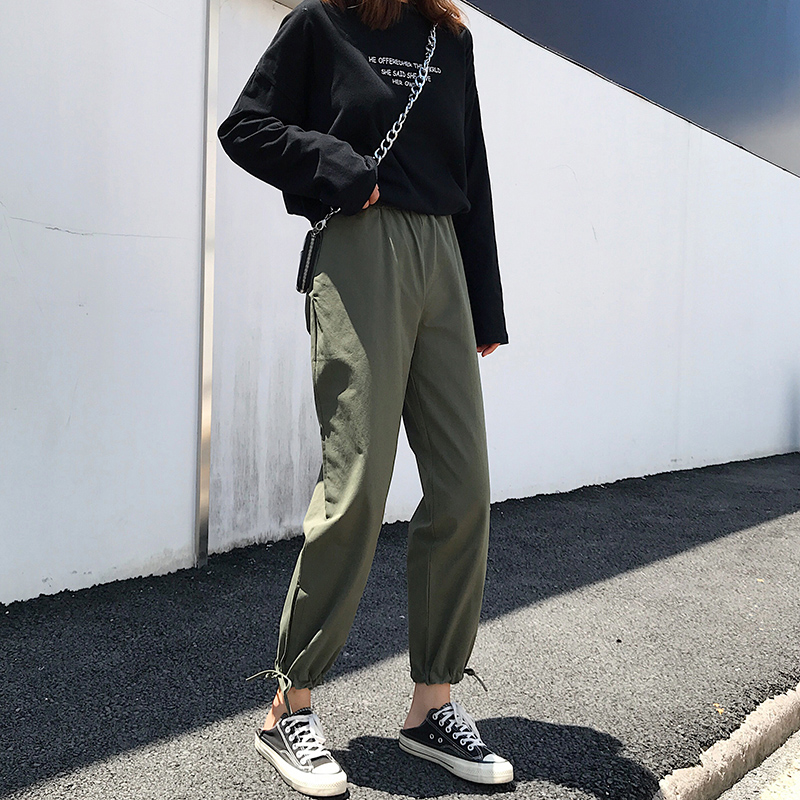 (用3元券)工装裤女2019新款宽松bf裤子女显瘦灯笼束脚裤春秋百搭休闲运动裤