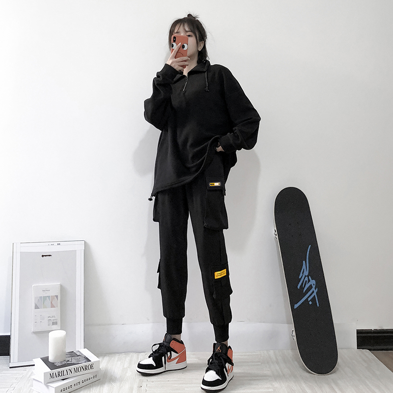 束脚工装裤女裤宽松bf春秋季黑色高腰百搭显瘦ins潮休闲运动裤子