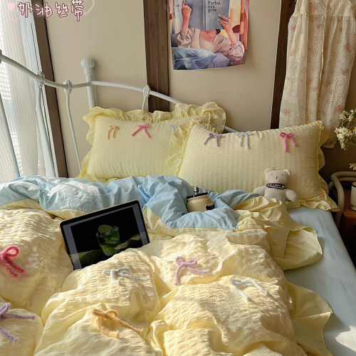 韩式蝴蝶结少女心公主风花边床上四件套全棉纯棉三件套床单床笠款
