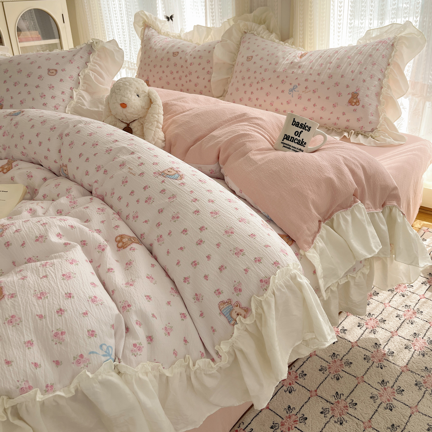 韩系奶油风床上四件套纯棉全棉少女心花边被套学生宿舍床单三件套