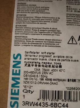 SIRIUS 软起动器400V时的值134A 75kW3RW4435-6BC44