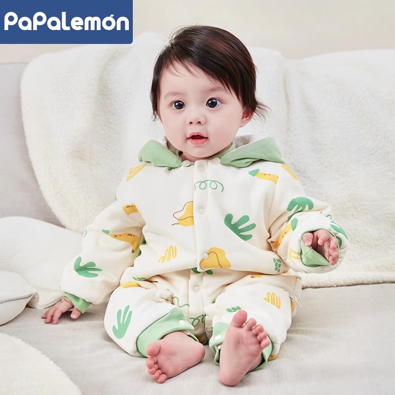 柠檬爬爬婴儿夹棉保暖连帽哈衣