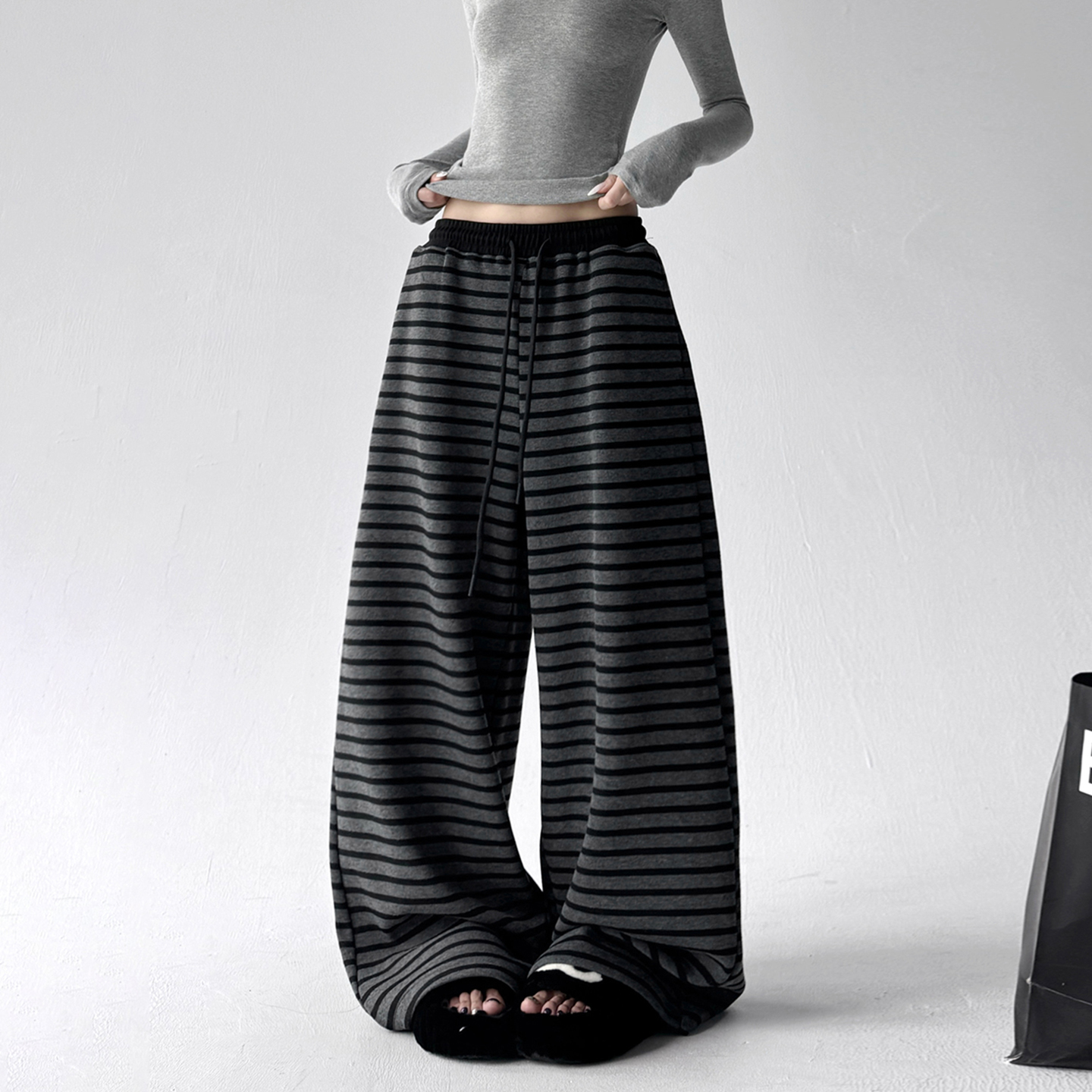 秋季新款韩版高腰长裤条纹撞色腰头垂感宽松显瘦松紧腰阔腿休闲裤