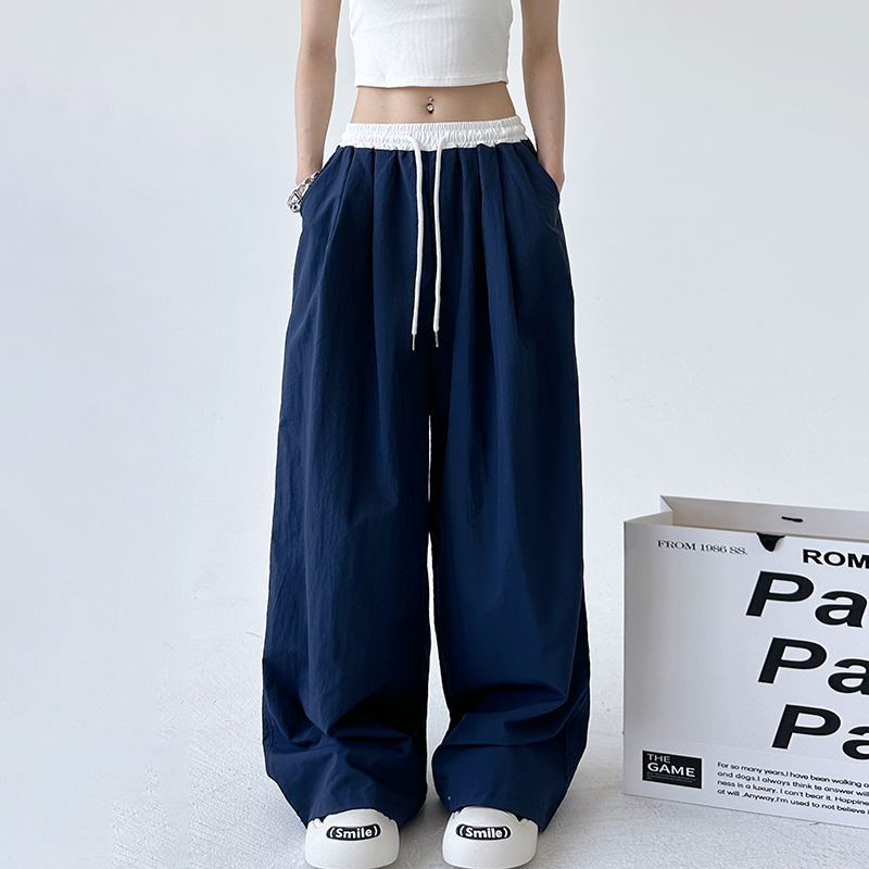 色松紧腰抽绳休闲阔腿裤